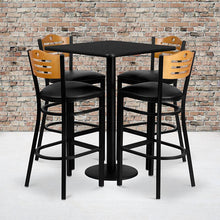 Load image into Gallery viewer, 30'' Black Table Set with 4 Wood Slat Back Metal Barstools - Black Vinyl Seat
