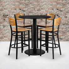 Load image into Gallery viewer, 36'' Black Table Set with 4 Wood Slat Back Metal Barstools - Natural Wood Seat
