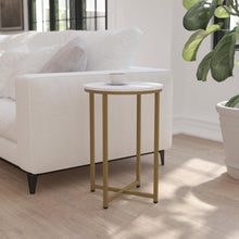 Load image into Gallery viewer, End Table - White Marble Finish Accent Table with Crisscross Brushed Gold Frame
