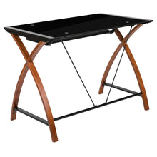 Load image into Gallery viewer, Black Glass Computer Desk with Pull-Out Keyboard Tray and Crisscross Frame
