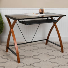 Load image into Gallery viewer, Black Glass Computer Desk with Pull-Out Keyboard Tray and Crisscross Frame
