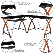 Load image into Gallery viewer, Black Glass L-Shape Corner Computer Desk with Pull-Out Keyboard Tray
