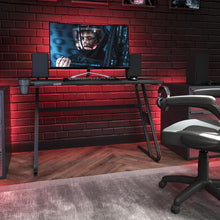 Load image into Gallery viewer, Black Gaming Ergonomic Desk with Cup Holder and Headphone Hook
