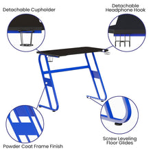 Load image into Gallery viewer, Blue Gaming Ergonomic Desk with Cup Holder and Headphone Hook
