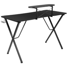 Load image into Gallery viewer, Black Gaming Desk with Cup Holder, Headphone Hook, and Monitor/Smartphone Stand
