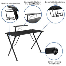 Load image into Gallery viewer, Black Gaming Desk with Cup Holder, Headphone Hook, and Monitor/Smartphone Stand
