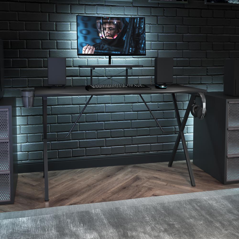 Black Gaming Desk with Cup Holder, Headphone Hook, and Monitor/Smartphone Stand