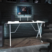 Load image into Gallery viewer, White Gaming Desk with Cup Holder, Headphone Hook, and Monitor/Smartphone Stand
