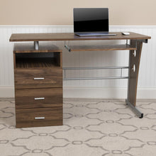 Load image into Gallery viewer, Rustic Walnut Desk with Three Drawer Pedestal and Pull-Out Keyboard Tray
