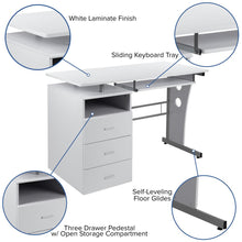 Load image into Gallery viewer, White Desk with Three Drawer Pedestal and Pull-Out Keyboard Tray
