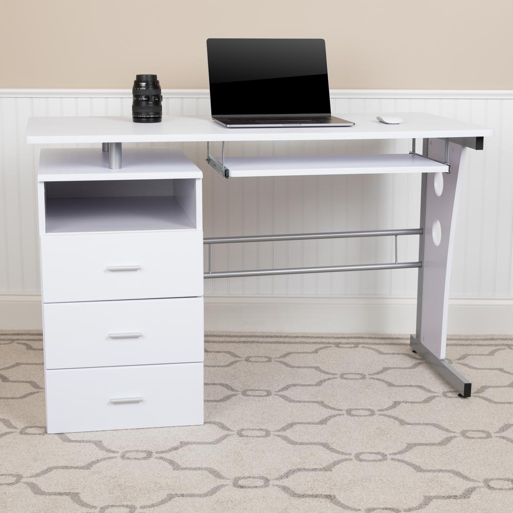 White Desk with Three Drawer Pedestal and Pull-Out Keyboard Tray