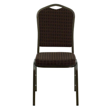 Load image into Gallery viewer, Crown Back Stacking Banquet Chair in Brown Patterned Fabric - Gold Vein Frame
