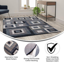 Load image into Gallery viewer, Geometric 5' x 7' Blue, Grey, and White Olefin Area Rug with Cotton Backing
