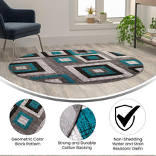 Load image into Gallery viewer, Geometric 5' x 5' Turquoise, Grey, and White Round Olefin Area Rug
