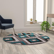 Load image into Gallery viewer, Geometric 5' x 5' Turquoise, Grey, and White Round Olefin Area Rug

