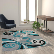 Load image into Gallery viewer, 5' x 7' Turquoise Abstract Area Rug - Olefin Rug with Jute Backing
