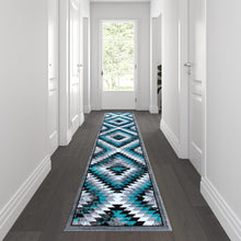 Load image into Gallery viewer, Southwestern 2' x 11' Turquoise Area Rug - Olefin Rug with Jute Backing
