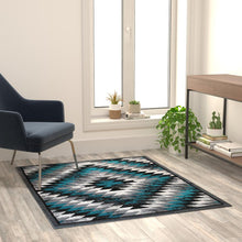 Load image into Gallery viewer, Southwestern 4' x 5' Turquoise Area Rug - Olefin Rug with Jute Backing
