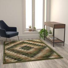 Load image into Gallery viewer, Southwestern 5' x 7' Green Area Rug - Olefin Rug with Jute Backing
