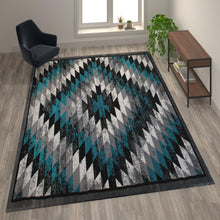 Load image into Gallery viewer, Southwestern 5' x 7' Turquoise Area Rug - Olefin Rug with Jute Backing
