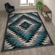 Load image into Gallery viewer, Southwestern 8' x 10' Turquoise Area Rug - Olefin Rug with Jute Backing
