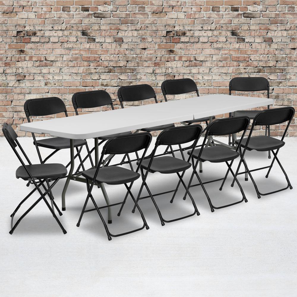 8' Granite White Plastic Event/Training Folding Table Set with 10 Folding Chairs