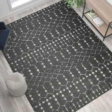 Load image into Gallery viewer, Geometric Bohemian Low Pile Rug - 8' x 10' - Dark Gray/Ivory Polyester
