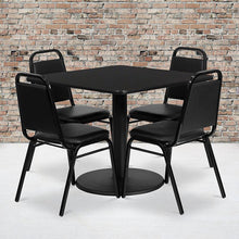 Load image into Gallery viewer, 36'' Black Table Set with Round Base and 4 Black Trapezoidal Back Banquet Chairs
