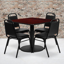 Load image into Gallery viewer, 36'' Mahogany Table Set with Base and 4 Black Trapezoidal Back Banquet Chairs
