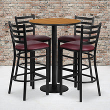 Load image into Gallery viewer, 30'' Natural Table Set with Base and 4 Metal Barstools - Burgundy Vinyl Seat
