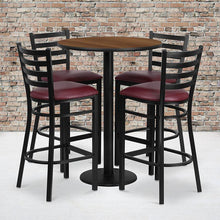 Load image into Gallery viewer, 30'' Walnut Table Set with Base and 4 Metal Barstools - Burgundy Vinyl Seat
