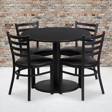 Load image into Gallery viewer, 36'' Black Table Set with Base and 4 Ladder Back Metal Chairs - Black Vinyl Seat
