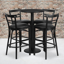 Load image into Gallery viewer, 24'' Black Table Set with Base and 4 Two-Slat Metal Barstools - Black Vinyl Seat
