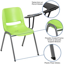 Load image into Gallery viewer, Green Ergonomic Shell Chair with Left Handed Flip-Up Tablet Arm

