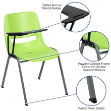 Load image into Gallery viewer, Green Ergonomic Shell Chair with Right Handed Flip-Up Tablet Arm

