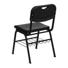 Load image into Gallery viewer, 880 lb. Capacity Black Plastic Chair with Black Frame and Book Basket
