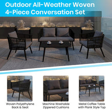 Load image into Gallery viewer, Black 4-Piece Woven Conversation Set with Gray Zippered Removable Cushions
