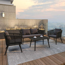 Load image into Gallery viewer, Black 4-Piece Woven Conversation Set with Gray Zippered Removable Cushions

