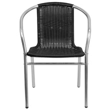 Load image into Gallery viewer, Commercial Aluminum and Black Rattan Indoor-Outdoor Restaurant Stack Chair
