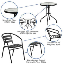 Load image into Gallery viewer, 23.75'' Round Glass Metal Table with 2 Black Metal Aluminum Slat Stack Chairs
