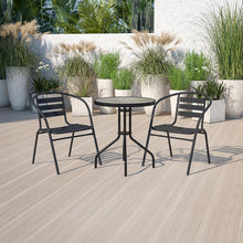 Load image into Gallery viewer, 23.75'' Round Glass Metal Table with 2 Black Metal Aluminum Slat Stack Chairs
