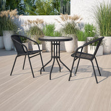 Load image into Gallery viewer, 23.75'' Round Glass Metal Table with 2 Black Rattan Stack Chairs
