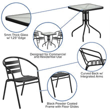 Load image into Gallery viewer, 23.5'' Square Glass Metal Table with 2 Black Metal Aluminum Slat Stack Chairs
