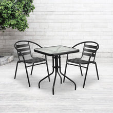 Load image into Gallery viewer, 23.5'' Square Glass Metal Table with 2 Black Metal Aluminum Slat Stack Chairs
