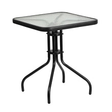 Load image into Gallery viewer, 23.5'' Square Glass Metal Table with 2 Black Rattan Stack Chairs
