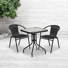 Load image into Gallery viewer, 23.5'' Square Glass Metal Table with 2 Black Rattan Stack Chairs
