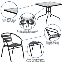 Load image into Gallery viewer, 31.5'' Square Glass Metal Table with 4 Black Metal Aluminum Slat Stack Chairs
