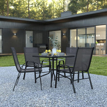 Load image into Gallery viewer, 5 Piece Set - 31.5" Tempered Glass Patio Table, 4 Black Stack Chairs
