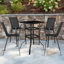 Load image into Gallery viewer, 2-Person Bistro Set - Brazos Glass Bar Table with Black Patio Stools
