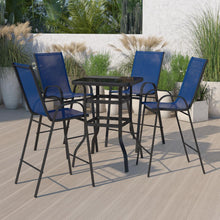 Load image into Gallery viewer, Dining Set - 4-Person Bistro Set - Brazos Glass Bar Table with Navy Patio Stools
